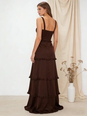 Tiered Spaghetti Straps Satin Bridesmaid Dresses with Slit