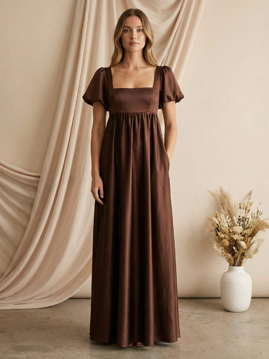 Satin Square Neck A line Maxi Dresses with Sleeves