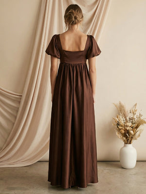Satin Square Neck A line Maxi Dresses with Sleeves