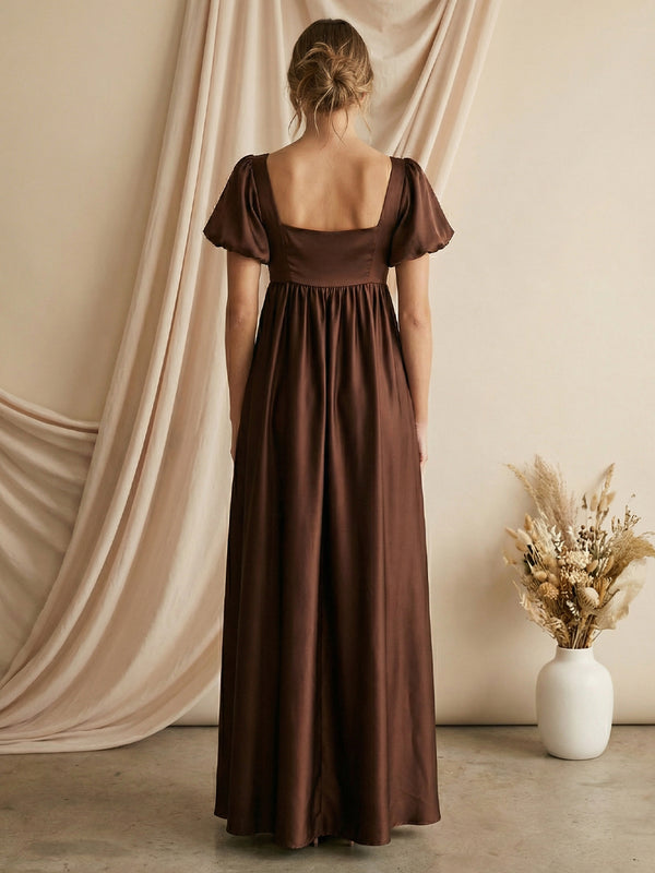 Satin Square Neck A line Maxi Dresses with Sleeves