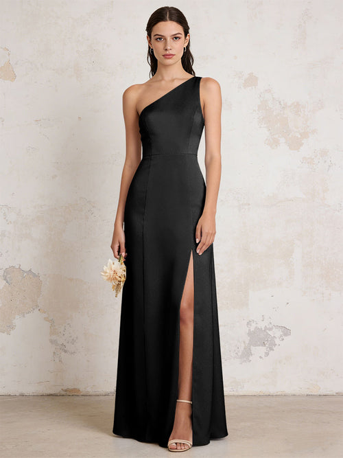 Satin One Shoulder Mermaid Maxi Bridesmaid Dresses with Slit
