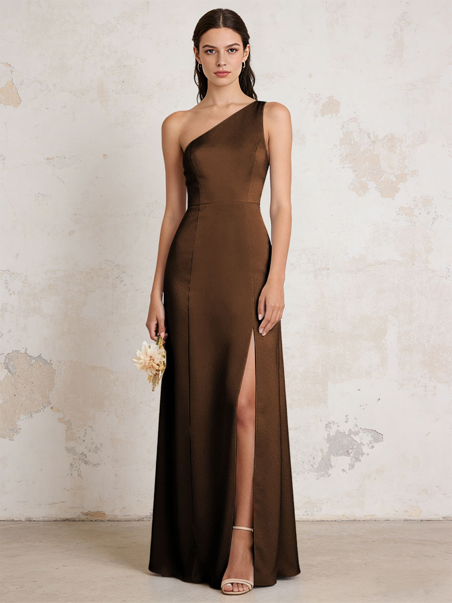 Satin One Shoulder Mermaid Maxi Bridesmaid Dresses with Slit