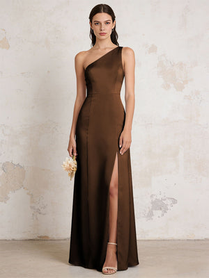 Satin One Shoulder Mermaid Maxi Bridesmaid Dresses with Slit
