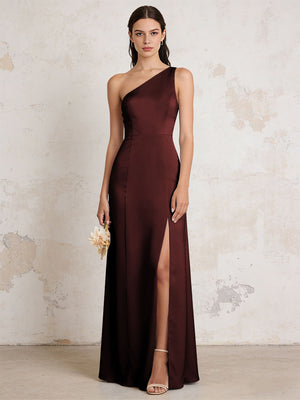Satin One Shoulder Mermaid Maxi Bridesmaid Dresses with Slit