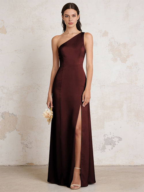 Satin One Shoulder Mermaid Maxi Bridesmaid Dresses with Slit