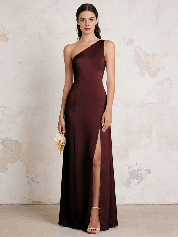 Satin One Shoulder Mermaid Maxi Bridesmaid Dresses with Slit