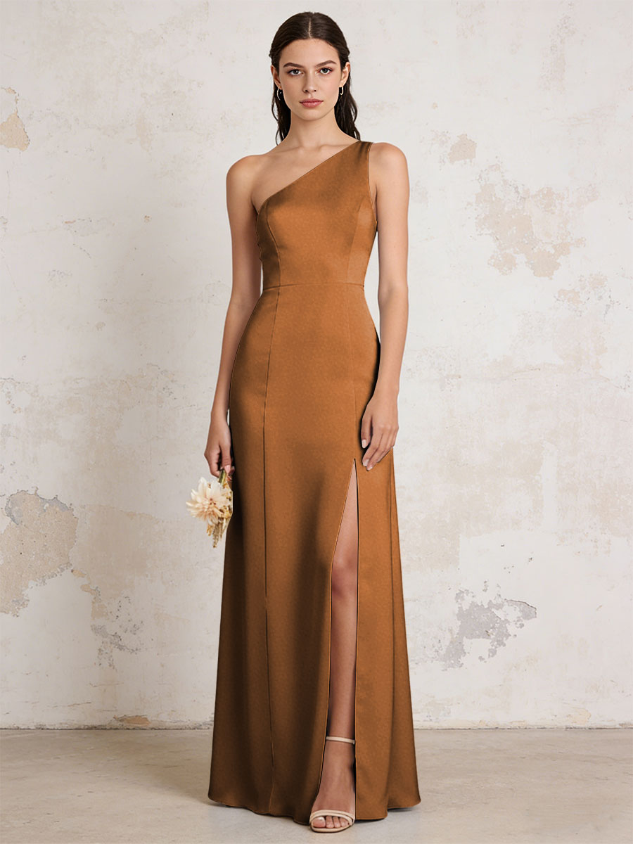 Satin One Shoulder Mermaid Maxi Bridesmaid Dresses with Slit