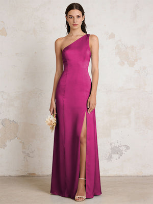Satin One Shoulder Mermaid Maxi Bridesmaid Dresses with Slit