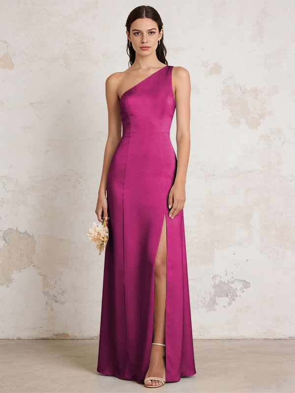 Satin One Shoulder Mermaid Maxi Bridesmaid Dresses with Slit