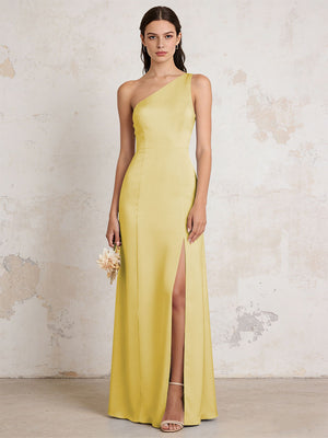 Satin One Shoulder Mermaid Maxi Bridesmaid Dresses with Slit
