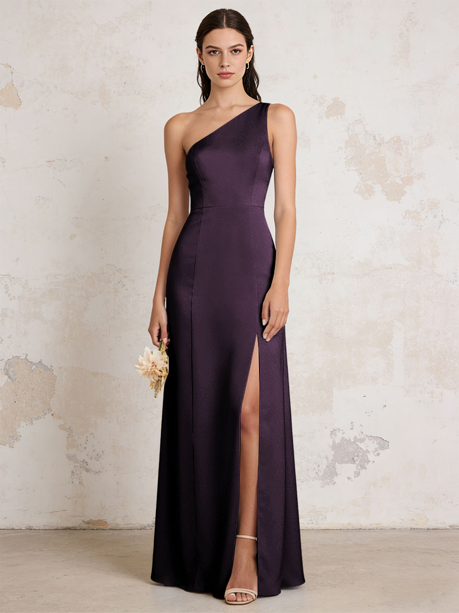 Satin One Shoulder Mermaid Maxi Bridesmaid Dresses with Slit