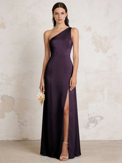 Satin One Shoulder Mermaid Maxi Bridesmaid Dresses with Slit