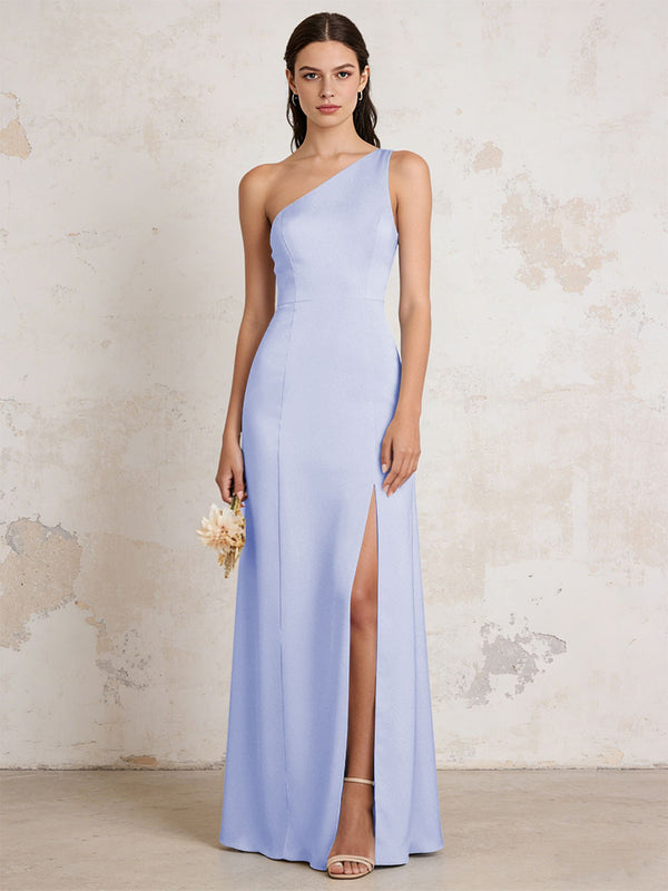 Satin One Shoulder Mermaid Maxi Bridesmaid Dresses with Slit