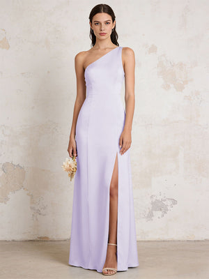 Satin One Shoulder Mermaid Maxi Bridesmaid Dresses with Slit