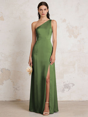 Satin One Shoulder Mermaid Maxi Bridesmaid Dresses with Slit