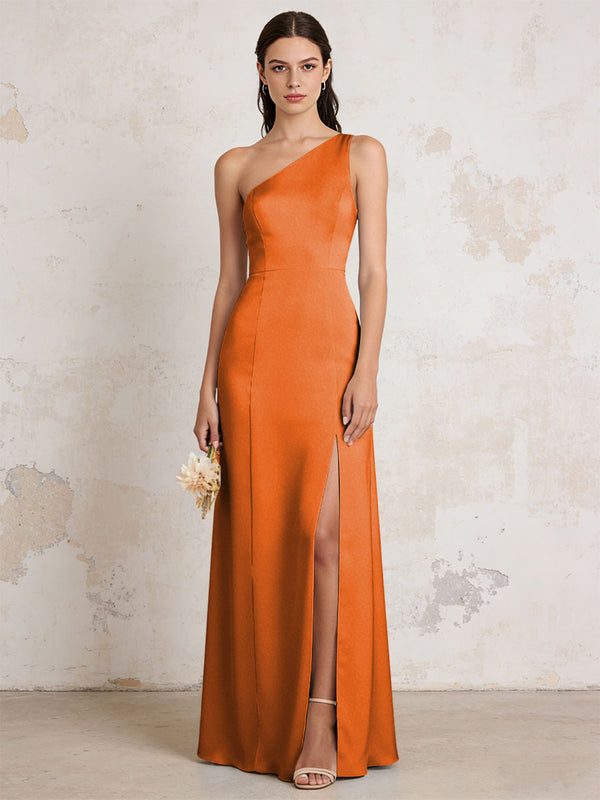 Satin One Shoulder Mermaid Maxi Bridesmaid Dresses with Slit