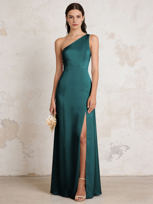 Satin One Shoulder Mermaid Maxi Bridesmaid Dresses with Slit