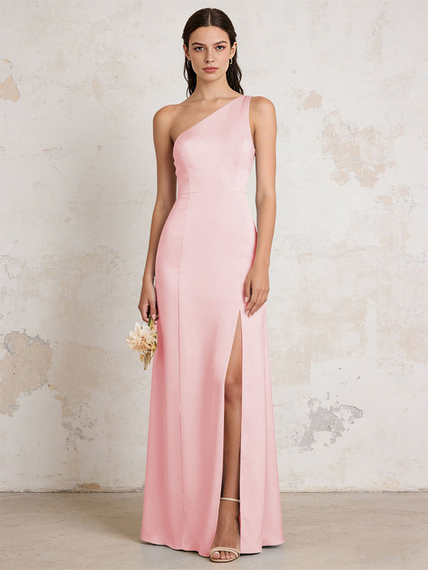 Satin One Shoulder Mermaid Maxi Bridesmaid Dresses with Slit