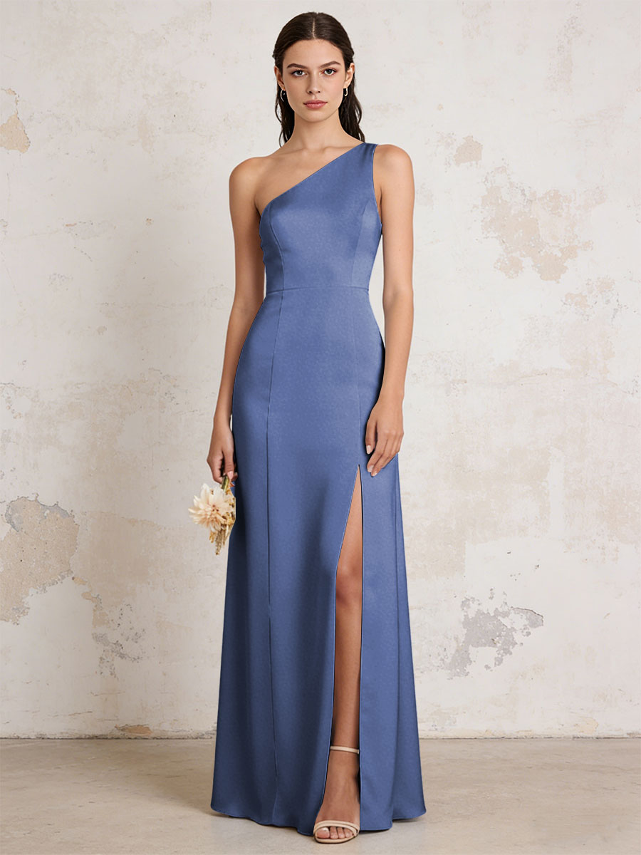 Satin One Shoulder Mermaid Maxi Bridesmaid Dresses with Slit