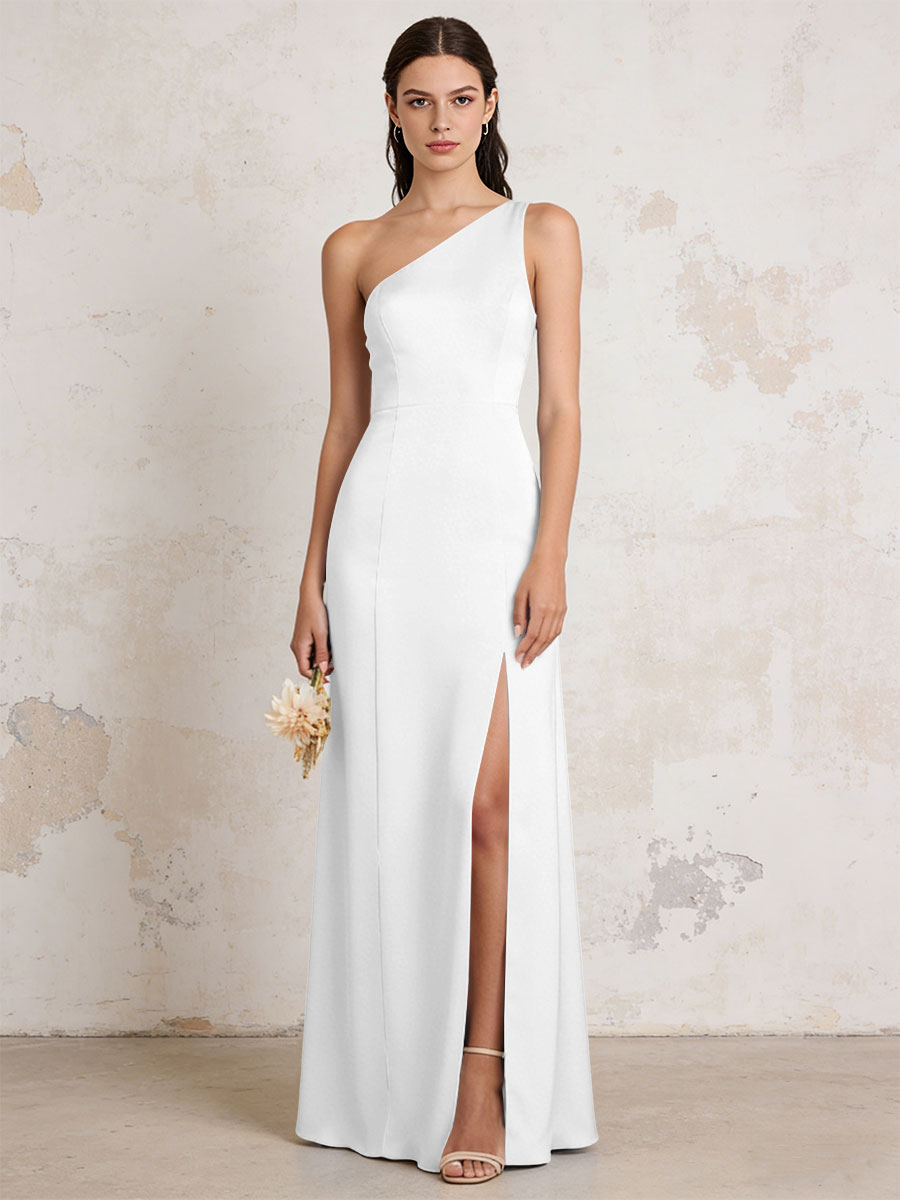 Satin One Shoulder Mermaid Maxi Bridesmaid Dresses with Slit