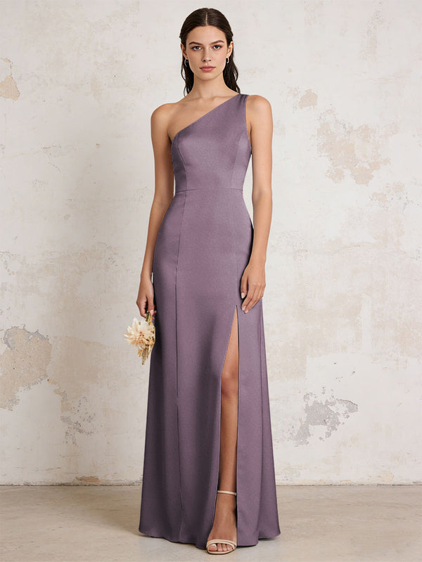 Satin One Shoulder Mermaid Maxi Bridesmaid Dresses with Slit