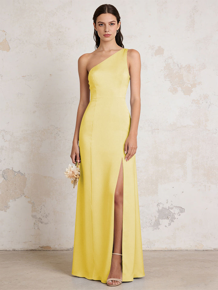 Satin One Shoulder Mermaid Maxi Bridesmaid Dresses with Slit