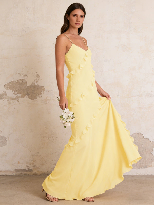 Ruffles Chiffon Spaghetti Straps Mermaid Maxi Bridesmaid Dresses with Slit