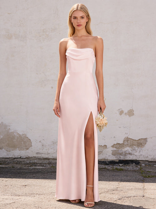 Satin Strapless Pleated Mermaid Maxi Bridesmaid Dresses with Slit