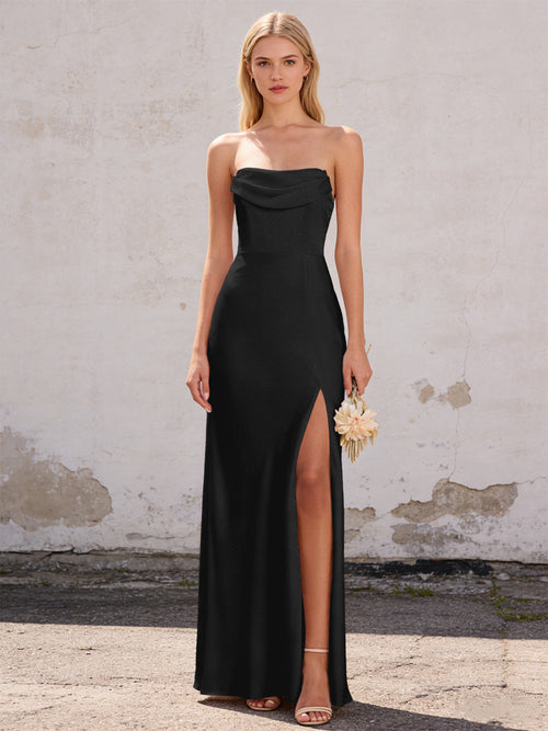 Satin Strapless Pleated Mermaid Maxi Bridesmaid Dresses with Slit