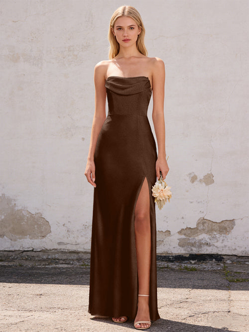 Satin Strapless Pleated Mermaid Maxi Bridesmaid Dresses with Slit