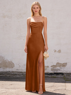 Satin Strapless Pleated Mermaid Maxi Bridesmaid Dresses with Slit