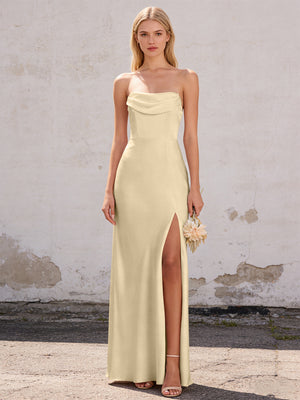 Satin Strapless Pleated Mermaid Maxi Bridesmaid Dresses with Slit