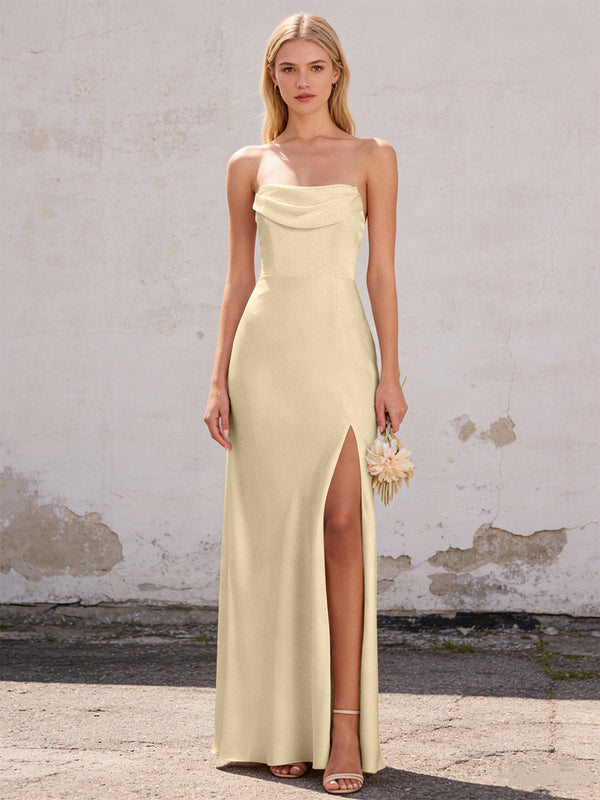 Satin Strapless Pleated Mermaid Maxi Bridesmaid Dresses with Slit