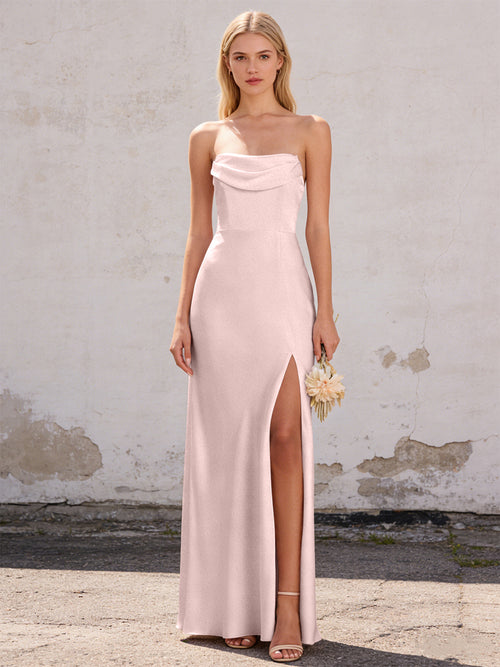 Satin Strapless Pleated Mermaid Maxi Bridesmaid Dresses with Slit
