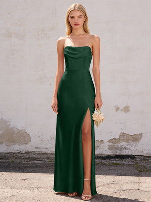 Satin Strapless Pleated Mermaid Maxi Bridesmaid Dresses with Slit