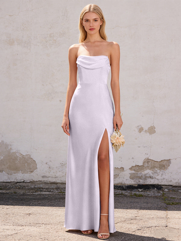 Satin Strapless Pleated Mermaid Maxi Bridesmaid Dresses with Slit