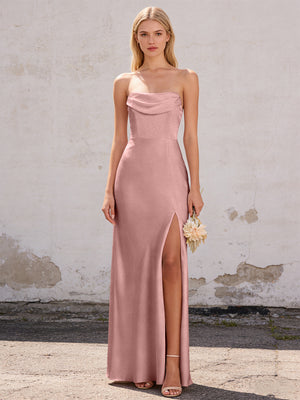 Satin Strapless Pleated Mermaid Maxi Bridesmaid Dresses with Slit