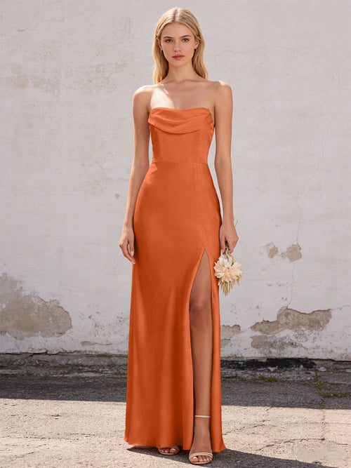 Satin Strapless Pleated Mermaid Maxi Bridesmaid Dresses with Slit