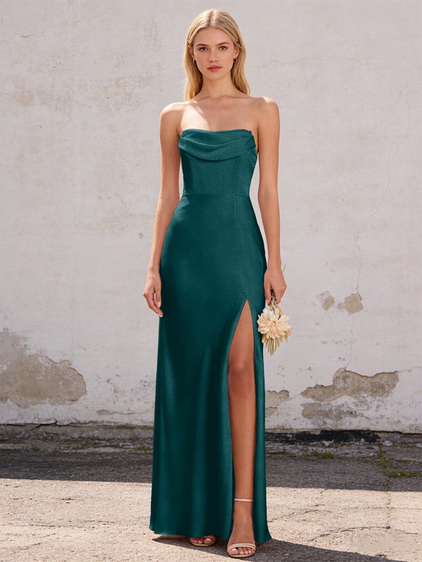 Satin Strapless Pleated Mermaid Maxi Bridesmaid Dresses with Slit