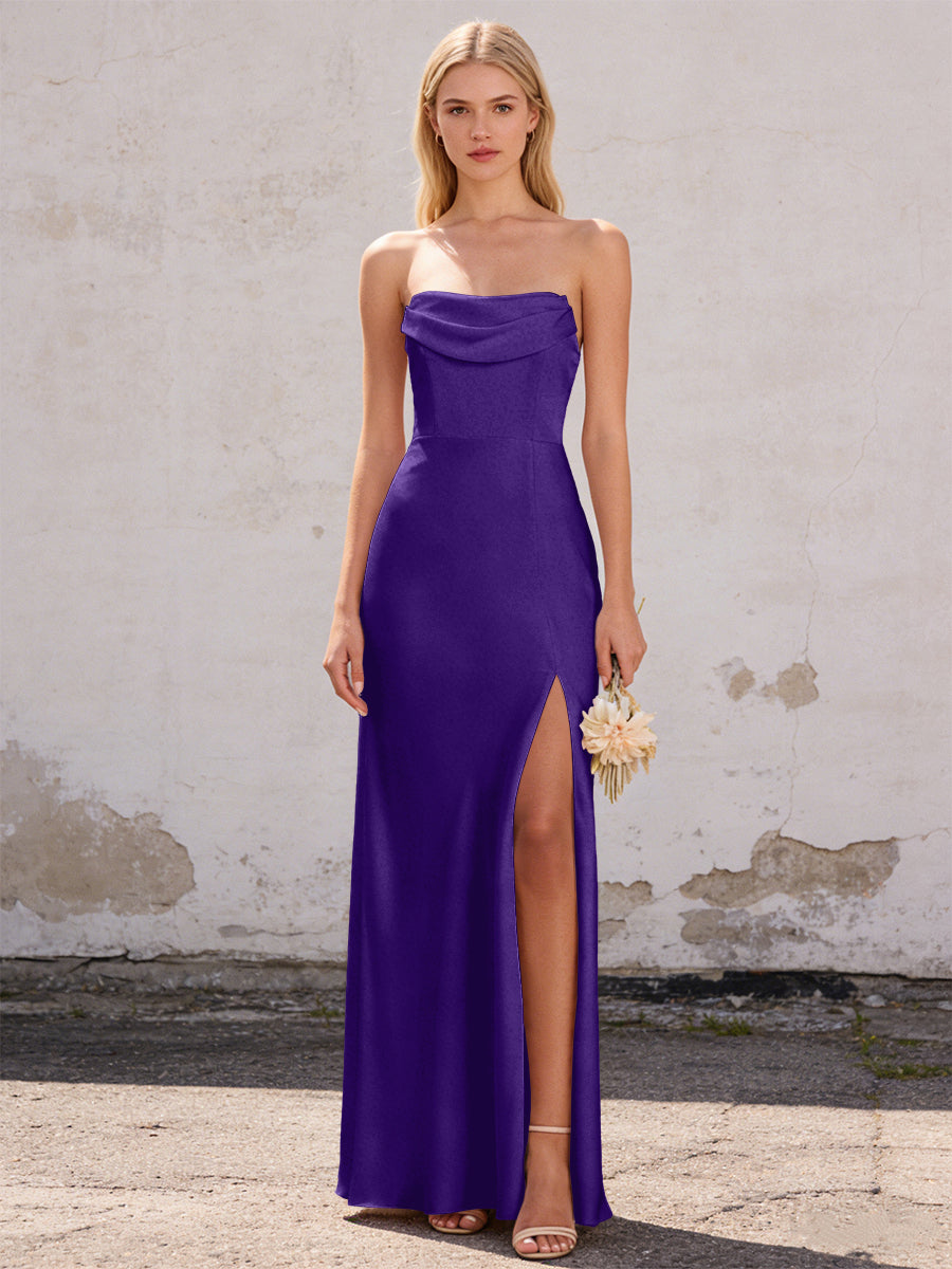 Satin Strapless Pleated Mermaid Maxi Bridesmaid Dresses with Slit
