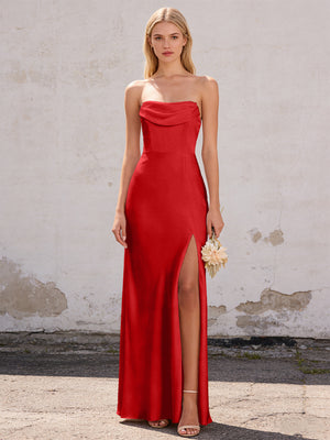 Satin Strapless Pleated Mermaid Maxi Bridesmaid Dresses with Slit