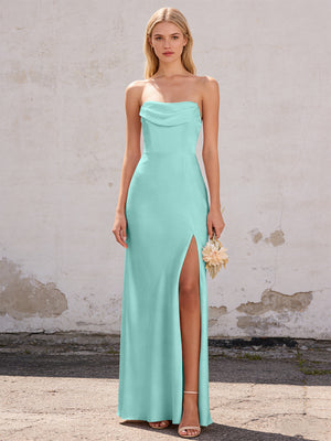 Satin Strapless Pleated Mermaid Maxi Bridesmaid Dresses with Slit