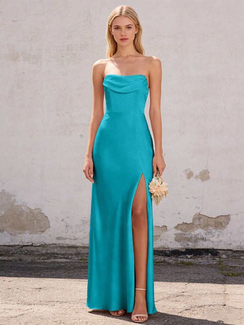 Satin Strapless Pleated Mermaid Maxi Bridesmaid Dresses with Slit