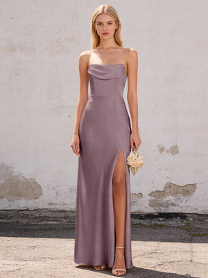 Satin Strapless Pleated Mermaid Maxi Bridesmaid Dresses with Slit