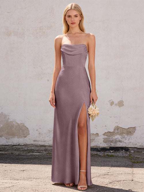 Satin Strapless Pleated Mermaid Maxi Bridesmaid Dresses with Slit