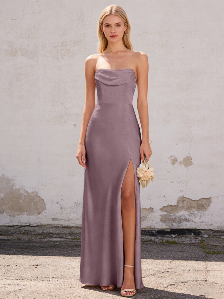 Satin Strapless Pleated Mermaid Maxi Bridesmaid Dresses with Slit
