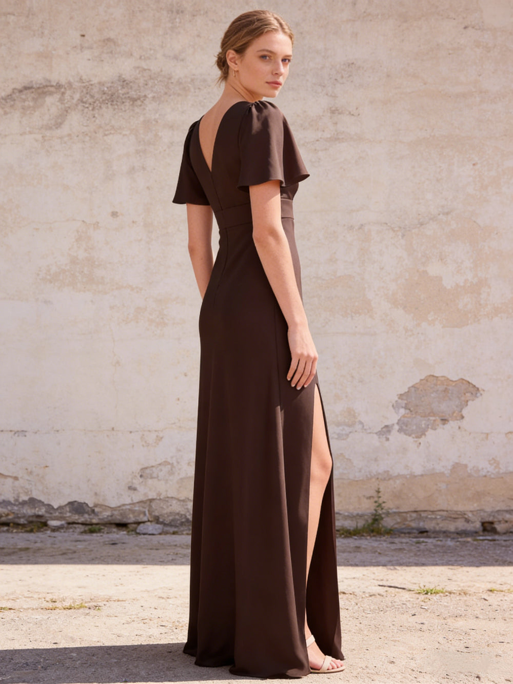 Chiffon Short Sleeves V Neck A Line Maxi Bridesmaid Dresses with Slit