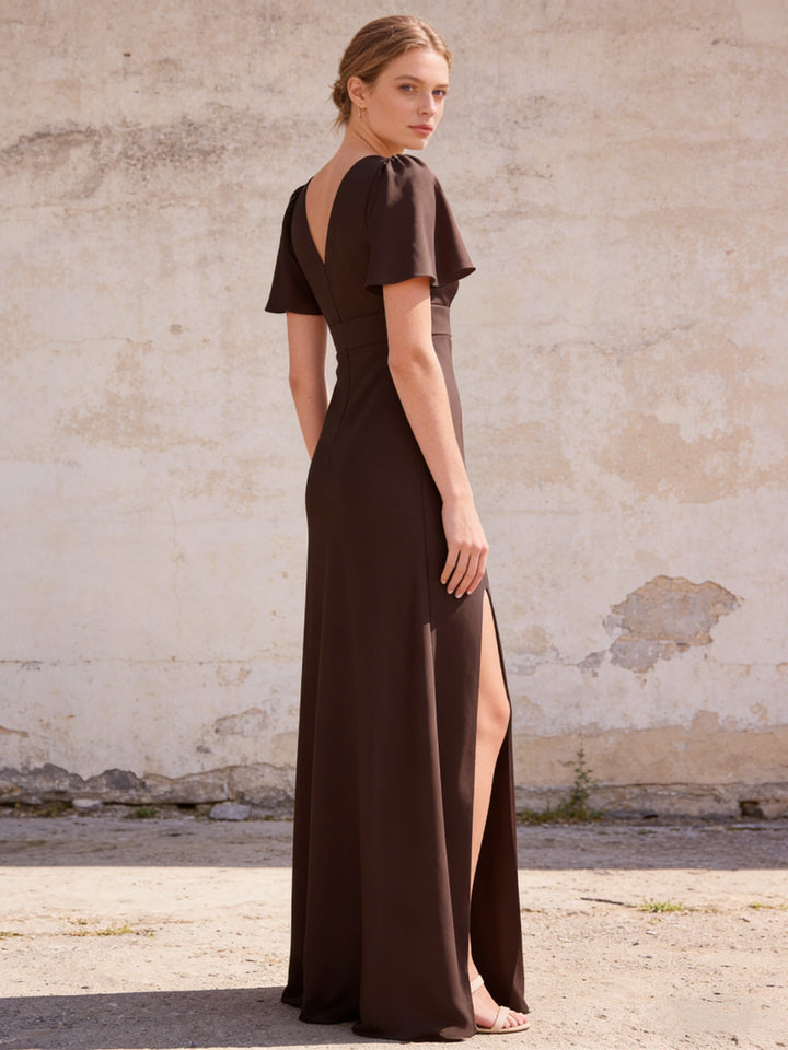 Chiffon Short Sleeves V Neck A Line Maxi Bridesmaid Dresses with Slit