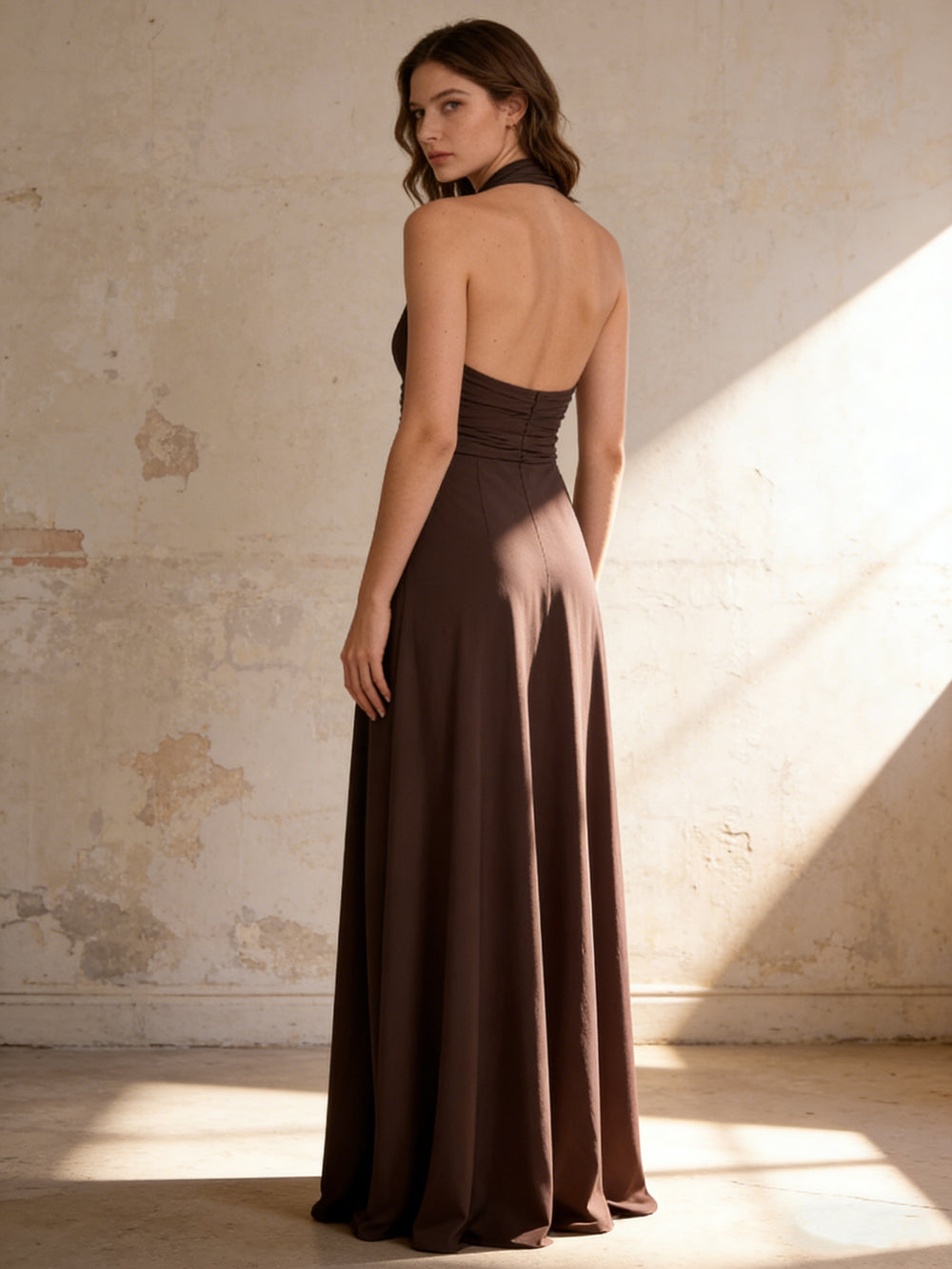 Chiffon Deep V Neck Pleated Halter Maxi Bridesmaid Dresses