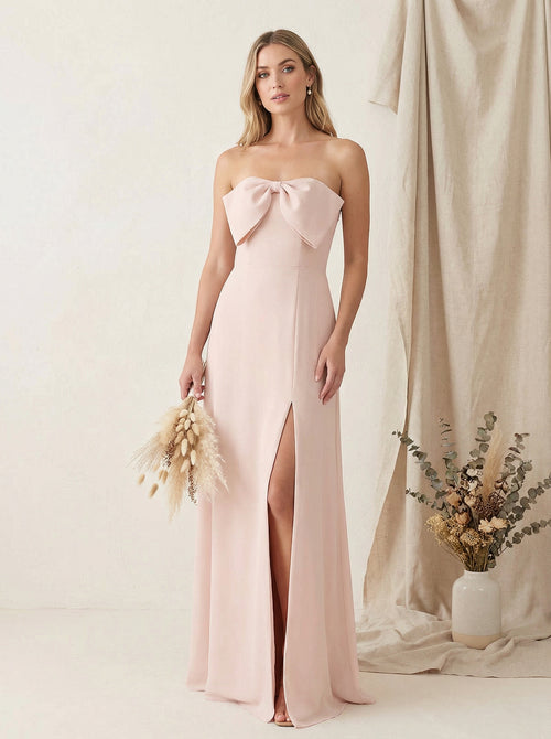 Satin Strapless High Slit Maxi Bridesmaid Dresses with Bow